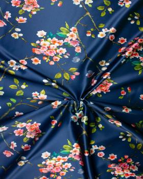 Satin with flowers print on backgroud Navy Blue - Tissushop
